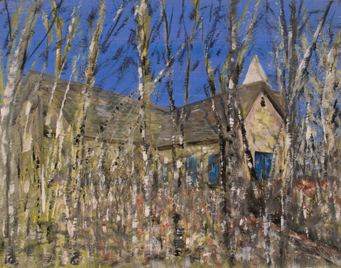 Today was blue sky and no breeze Reflecting a chapel through the trees