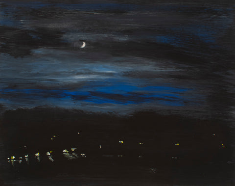 Midnight moon waxing over the May harbor